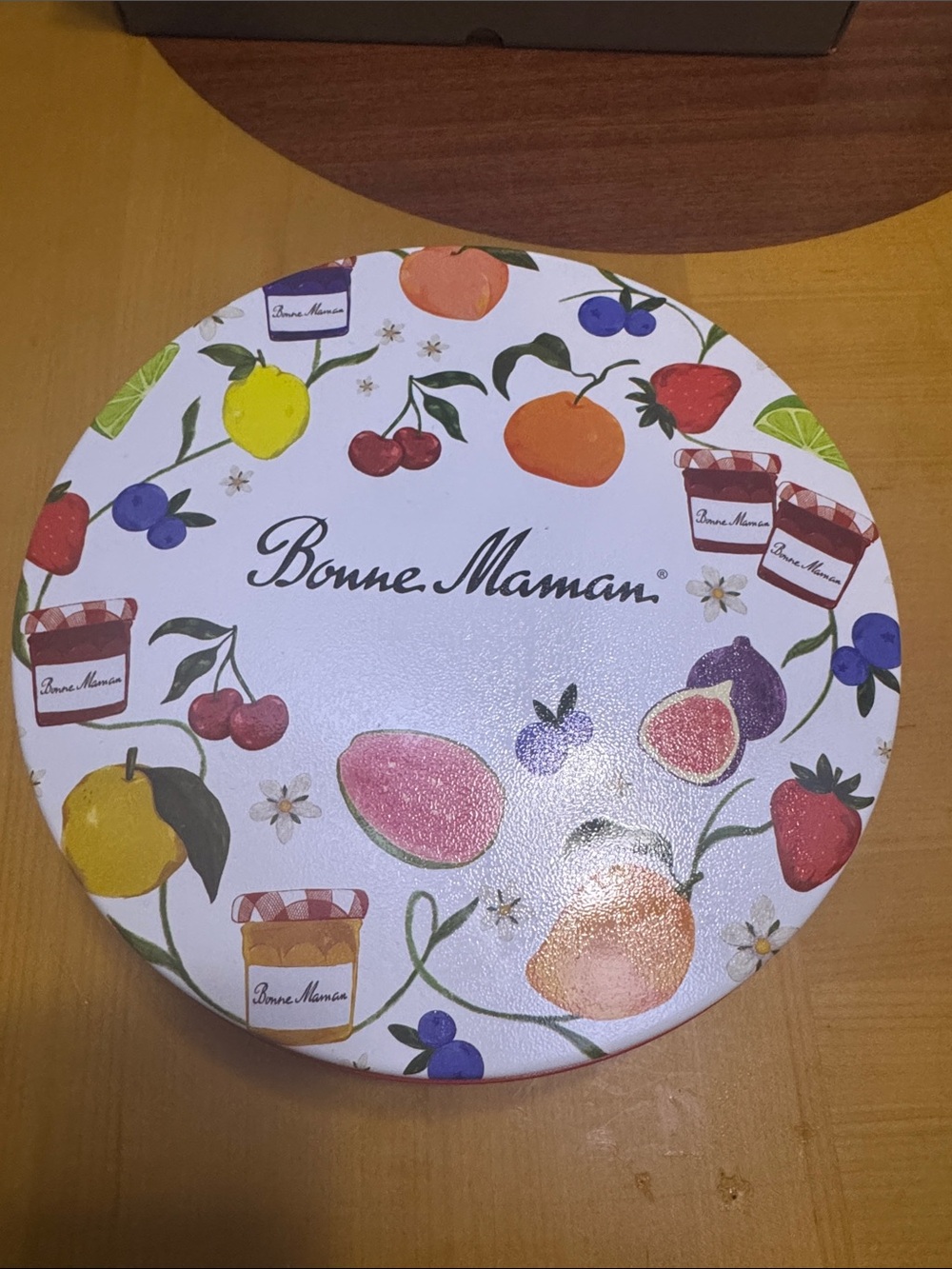 Empty Bonne Maman Floral Fruit Round Tin
